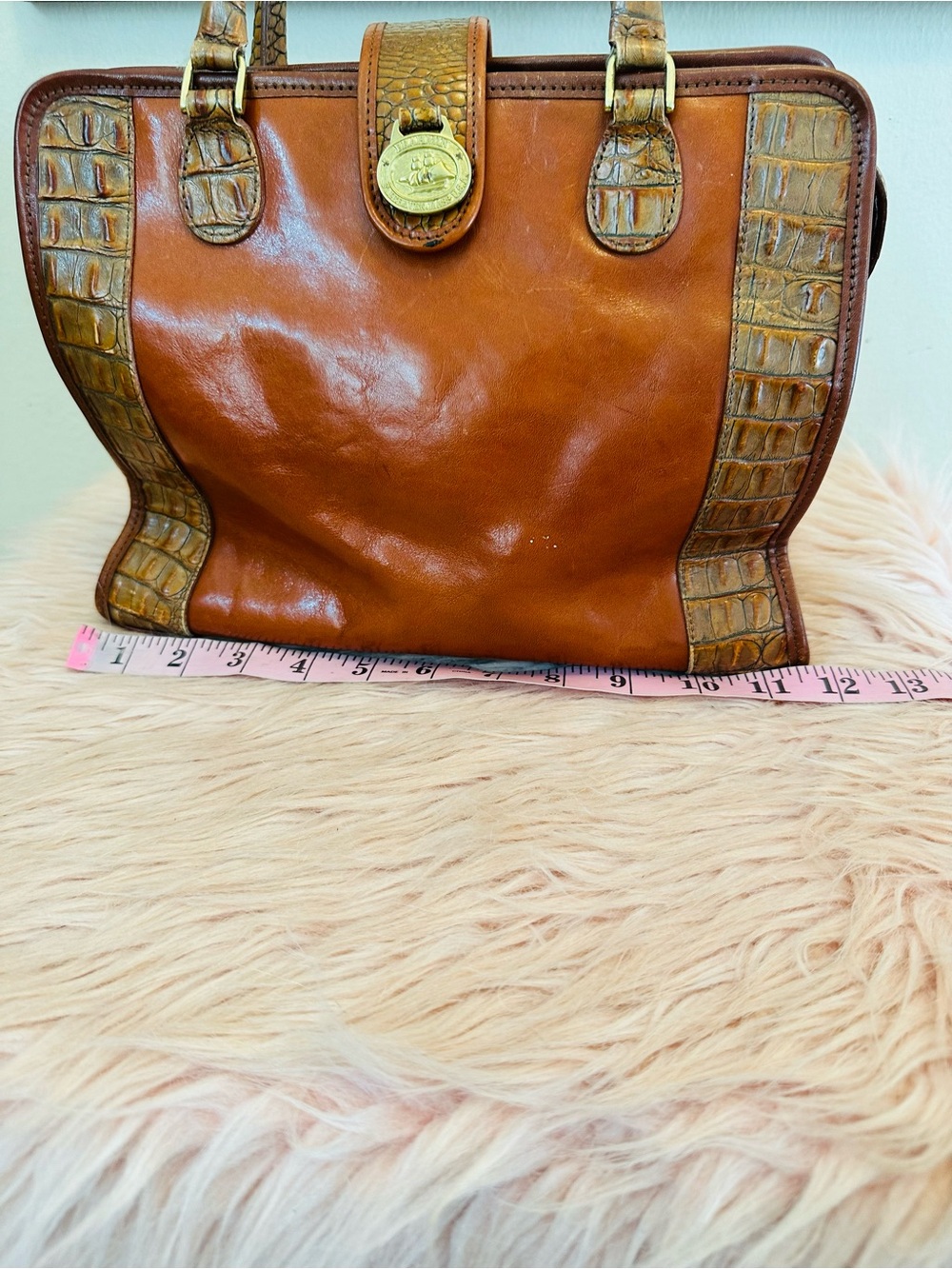 Vintage Brahmin Two-Tone Burnt Orange and Cognac Croc-Trim Satchel - Picture 9 of 16